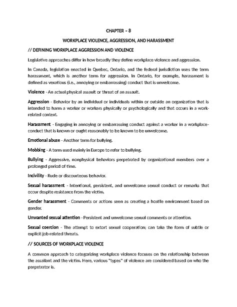 Chapter 8 - Summary of Workplace Violence & Harassment Management - Studocu