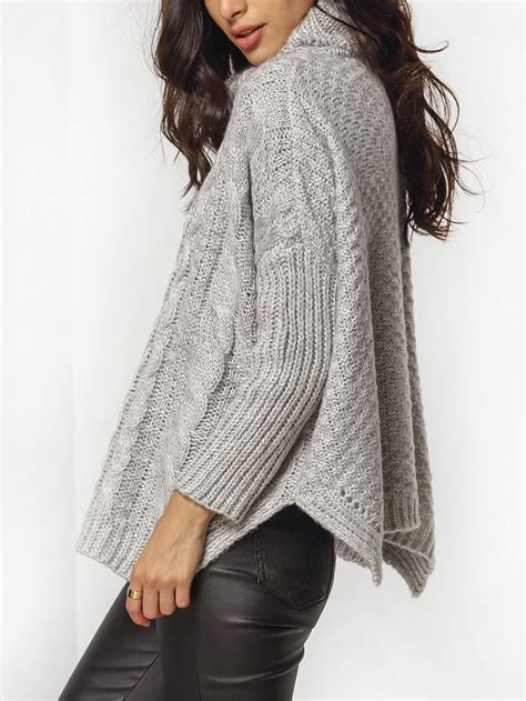 Grey High Neck Cable Knit Loose Sweater Shein Sheinside