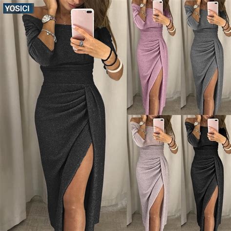 Women Off Shoulder High Slit Bodycon Dress Party Dress Shopee Malaysia