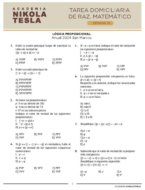 Raz Matem Tico L Gica Proposicional Anual San Marcos