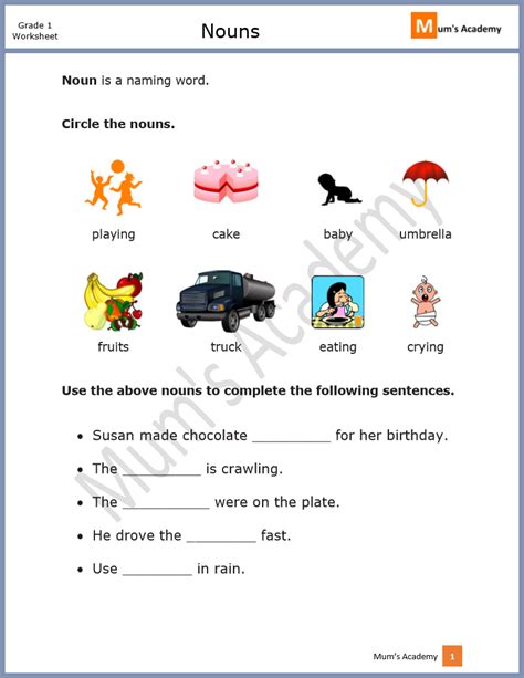 Grade 1 Worksheet Nouns Mums Academy