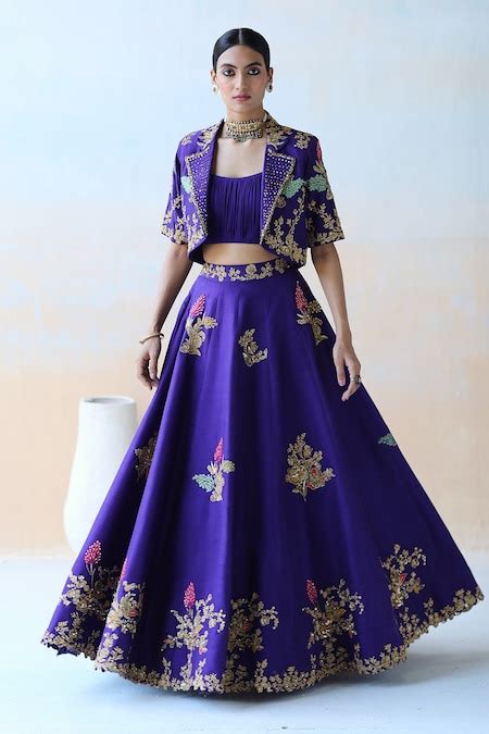 Buy Purple Dupion Silk Embroidery Floral Lapel Collar Jacket Lehenga