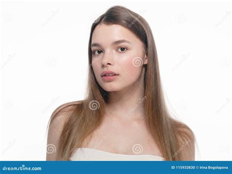 Beautiful Brunette Woman Portrait With Healthy Hair Clear Fresh Stock Photo Image Of