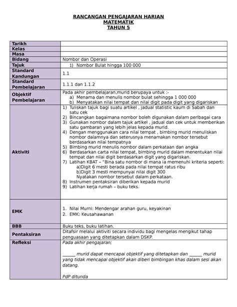 1 Okay RANCANGAN PENGAJARAN HARIAN MATEMATIK TAHUN 5 Tarikh Kelas