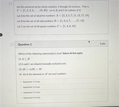 Solved Let The Universal Set Be Whole Numbers 1 Through 20