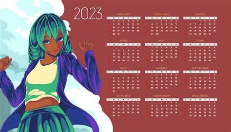 Chica Feliz Anime Calendario 2023 Vector Premium