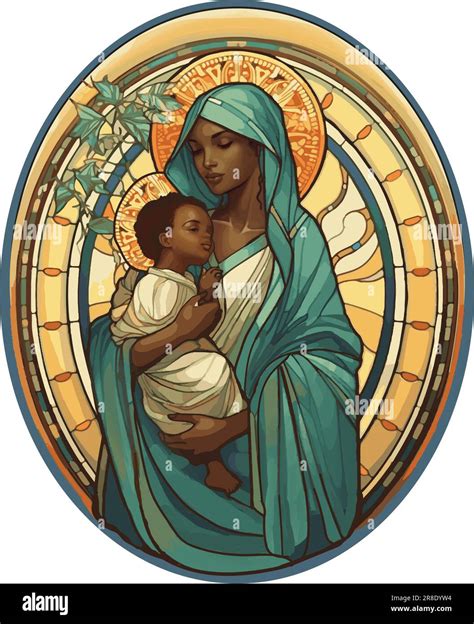 Stained Glass Window Of African Virgin Mary And Infant Jesus Vector