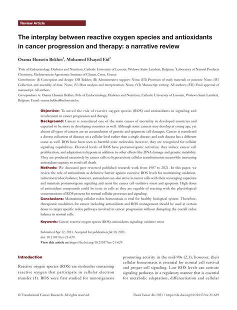 Pdf The Interplay Between Reactive Oxygen Species And Antioxidants In