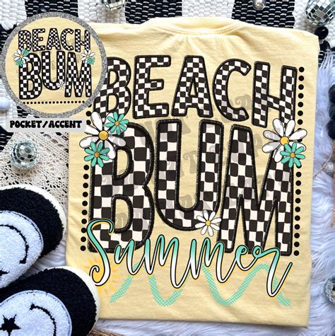 Beach Bum Summer Checkered Faux Embroidery With Pocket Transfer Sassy