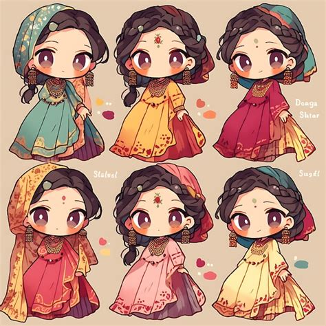 Premium Photo Sticker Of Female Chibi Kawaii Indian Sari Vibrant Hues