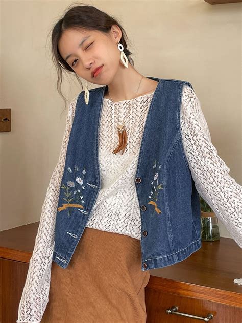 Dazy Jaqueta Jeans Colete Bordado Floral Denim Jacket Women Denim