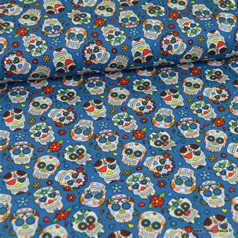 Tissu Popeline T Tes De Mort Calaveras Fond Bleu Oeko Tex