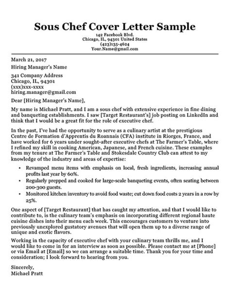 Chef Cover Letter Samples My Cover Letter