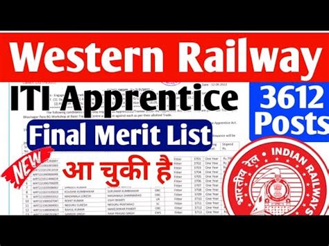 Western Railway Apprentice New Merit List 2022 ITI Pass Apprentice