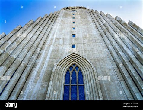 Looking Up Facade Hallgrimskirkja Large Lutheran Church Reykjavik