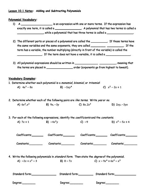 Classifying Adding And Subtracting Polynomials Worksheet Worksheets Library