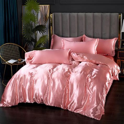 Feelyou Silk Like Satin Bedding Set Queen Luxury Pink Silky Duvet Cover Set Soft