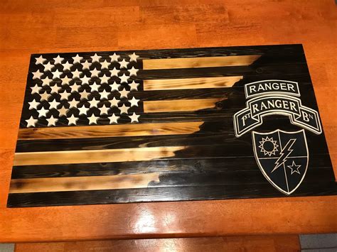 US Army Ranger Flag Rustic Burnt Wood American Flag Battalion Patch