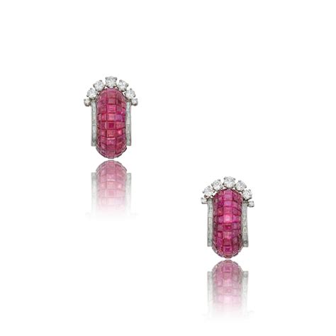 Pair Of Mystery Set Ruby And Diamond Earclips From The Vault