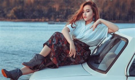 Wallpaper Women Outdoors Model Long Hair Car Asian Sitting