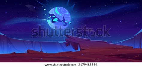 Alien Planet Futuristic Landscape With Exploding Glowing Moon Or Satellite Above Rock Cliff In