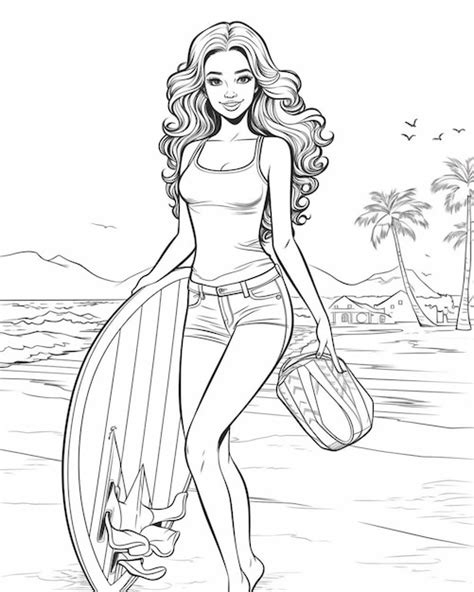 Una Chica De Dibujos Animados Caminando Por La Playa Con Una Tabla De