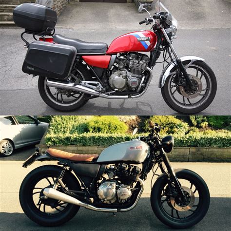 Before And After Cb400 Cafe Racer Yamaha Cafe Racer Moto Cafe Cafe Bike Vintage Cafe Racer