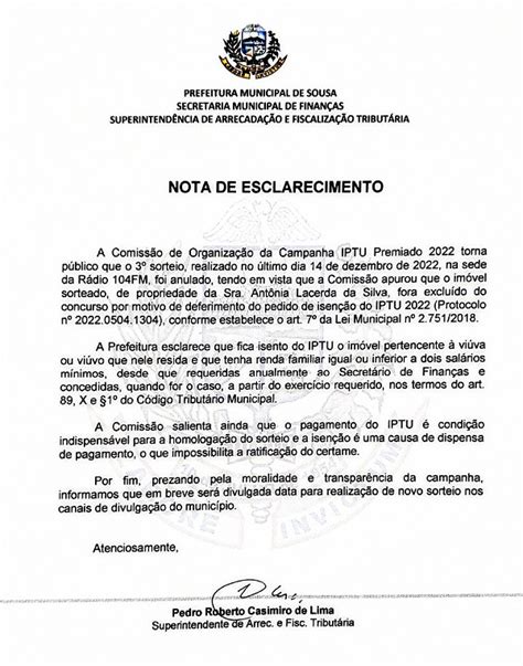 Em Sousa Comissão De Organização Da Campanha Iptu Premiado Divulga