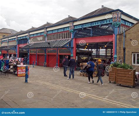 People Walking And Shopping In Huddersfield Open Market In West