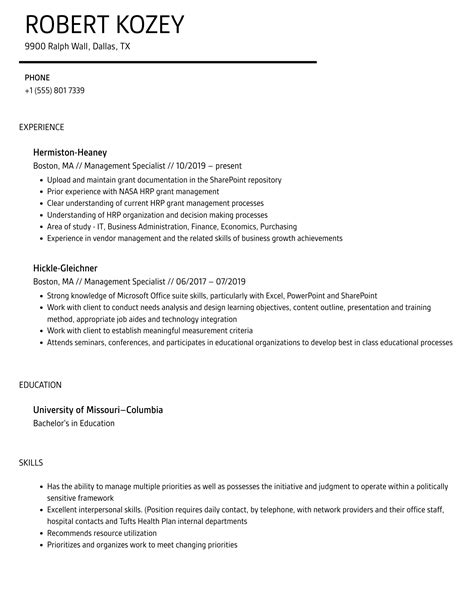 Management Specialist Resume Samples Velvet Jobs