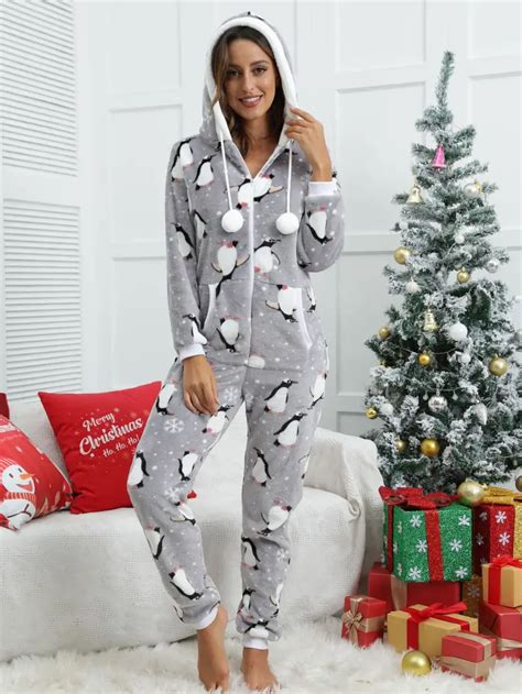 Christmas Winter Flannel Casual Jumpsuit Long Sleeve Hooded Temu