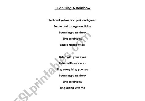 English Worksheets I Can Sing A Rainbow Lyrics Poster Flashcards