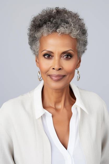 Premium Photo A Woman With Grey Hair Wearing A White Shirt