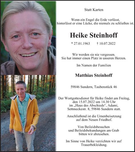 Traueranzeigen Von Heike Steinhoff Trauer In NRW De