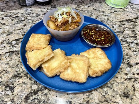 Cleaning Out The Fridge Dinner Spicy Pork And Kimchi Stir Fry W Egg Battered Tofu R Koreanfood