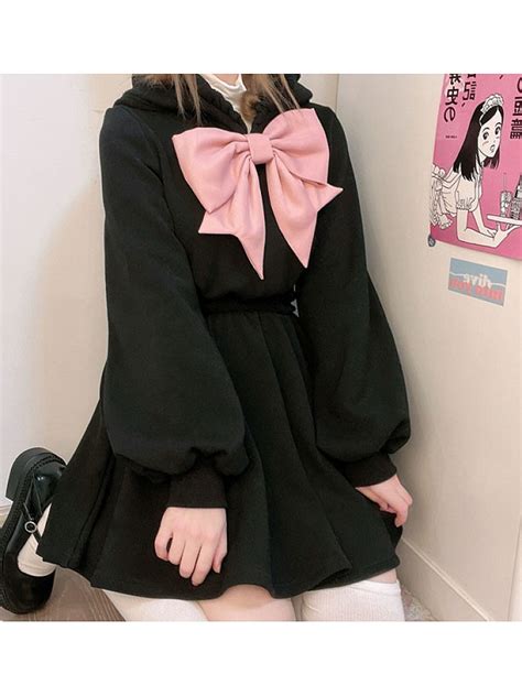 Sweet Bunny Ears Hooded Dress With Bowknot