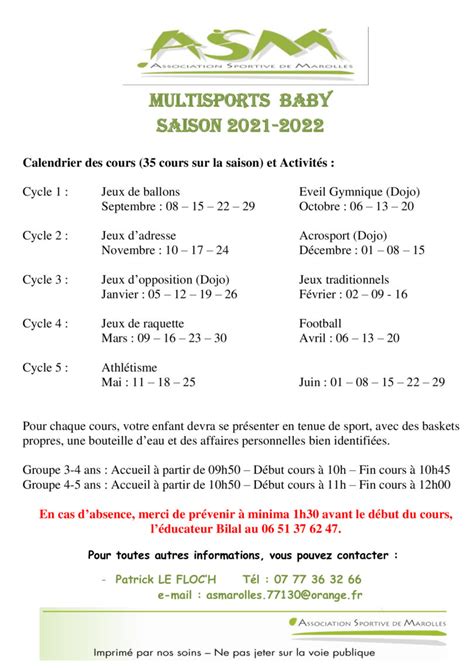 Planning Cours Multisports Baby Marolles Sur Seine