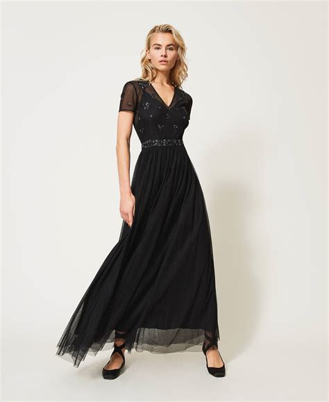 Robe Longue En Tulle Plumetis Femme Noir Twinset Milano