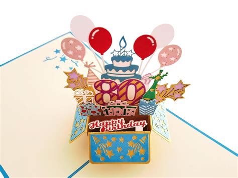 Happy 80th Birthday Blue Party Box 3d Pop Up Greeting Card Etsy