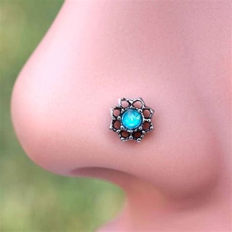 Lotus Flower Gold Nose Ring Teal Opal Gold Nose Stud Etsy