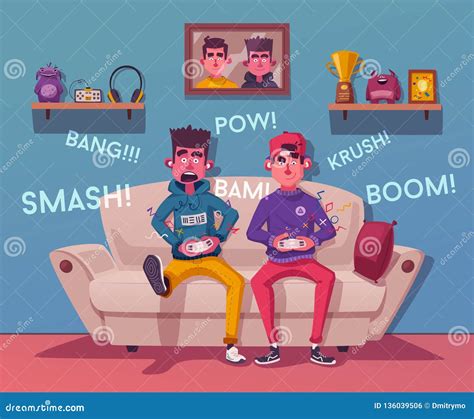 Friends Is Gaming Gamers Playing Video Game Cartoon Vector