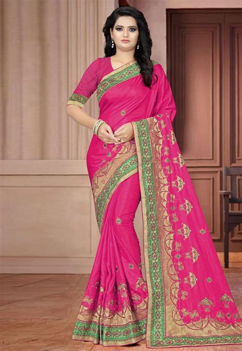 Magenta Silk Embroidered Festival Wear Saree