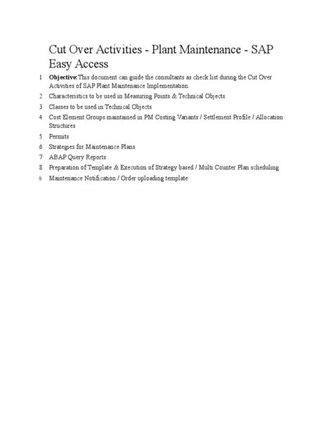 Cut Over Activities Plant Maintenance Sap Easy Access Pdf