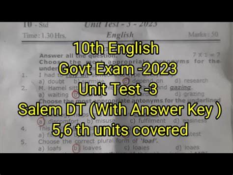 Th English Govt Exam Unit Test Salem Dt With Answer Key