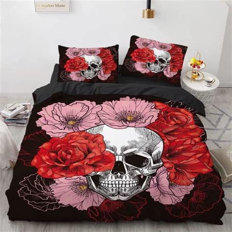 Housse de Couette 220x260cm Gothique Crâne 3D Noir Blanche Rose Rouge