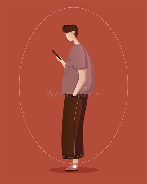 Boy Looks At The Phone Minimalistic Pastel And Nude Colors Vector Flat Illustration Stock