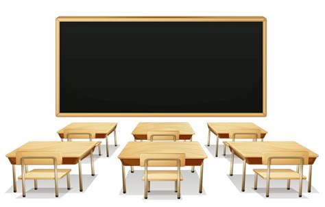 School Classroom with Blackboard and Desks PNG Clipart