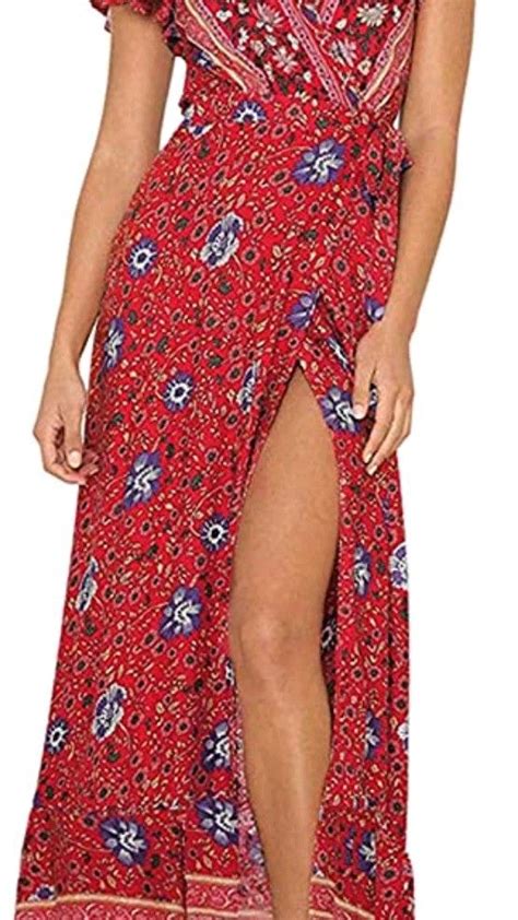 Zesica Womens Bohemian Floral Printed Wrap V Neck Short Sleeve Split Beach Party Max Vestido