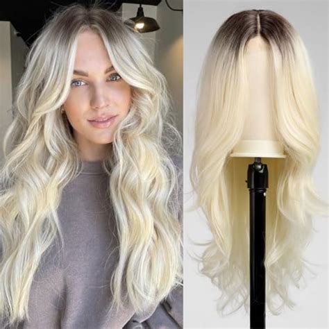 Alanhair Platinum Blonde Lace Front Wig Long Wavy Layered Synthetic Wig Middle Part