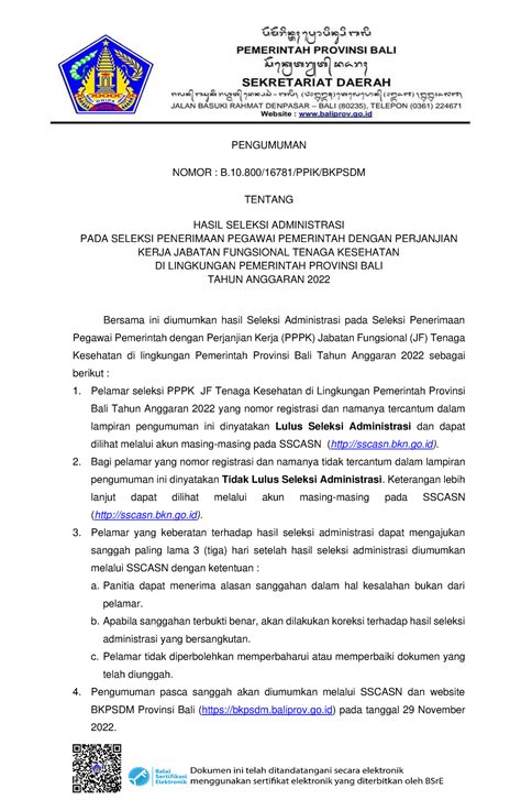 Seleksi Administrasi Penerimaan P3K PENGUMUMAN NOMOR B 10 16781